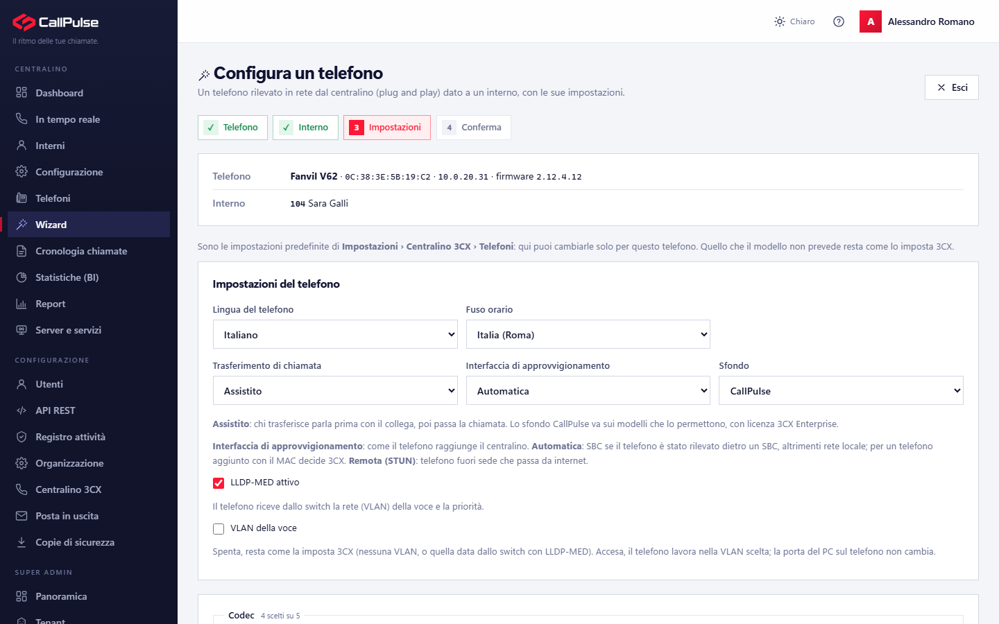 Configura un telefono: i passi del wizard con il telefono e l'interno scelti.